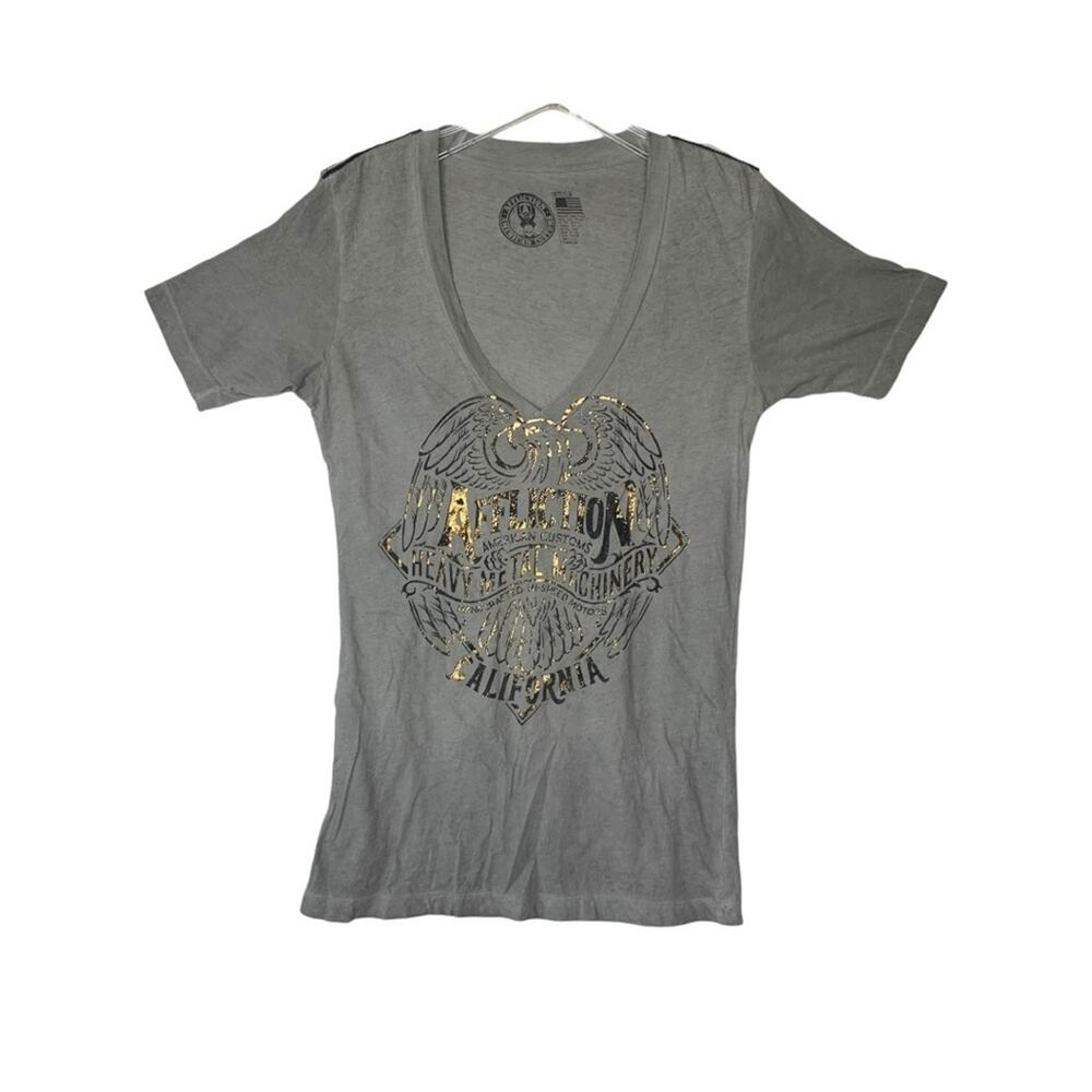Affliction women's size medium gray tee short sleeve deep v neck y2k bling